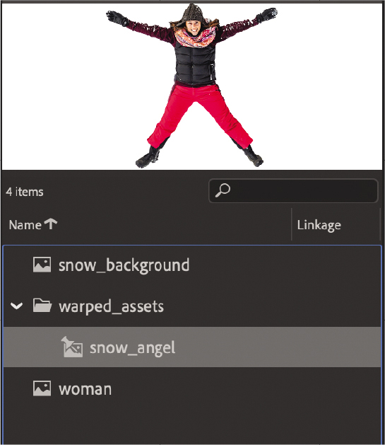 A screenshot shows the process of dragging snow_angel warped object into the new folder.