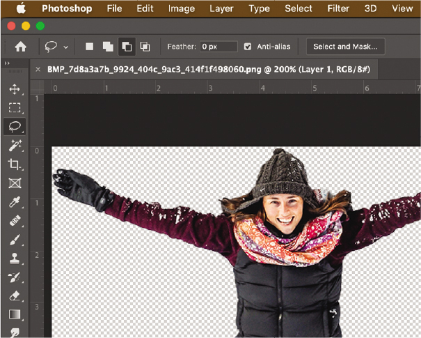 A screenshot shows the bitmap of the woman in snow pants in the Photoshop.