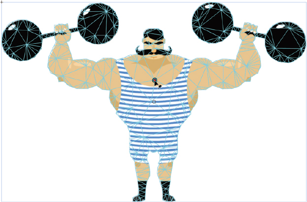 A cartoon of a weightlifter holding weights over his head with a mesh around him. A mesh is applied to the cartoon and a joint is created at the weightlifter's chest.