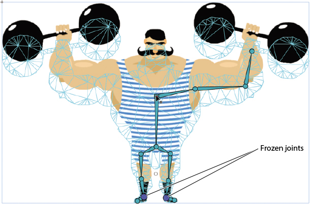A cartoon of a weightlifter lifting weights over head with a mesh around him.