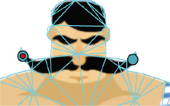 A cartoon of a weightlifter with a mesh around him. Two joints are created at the left and right tips of his mustache.