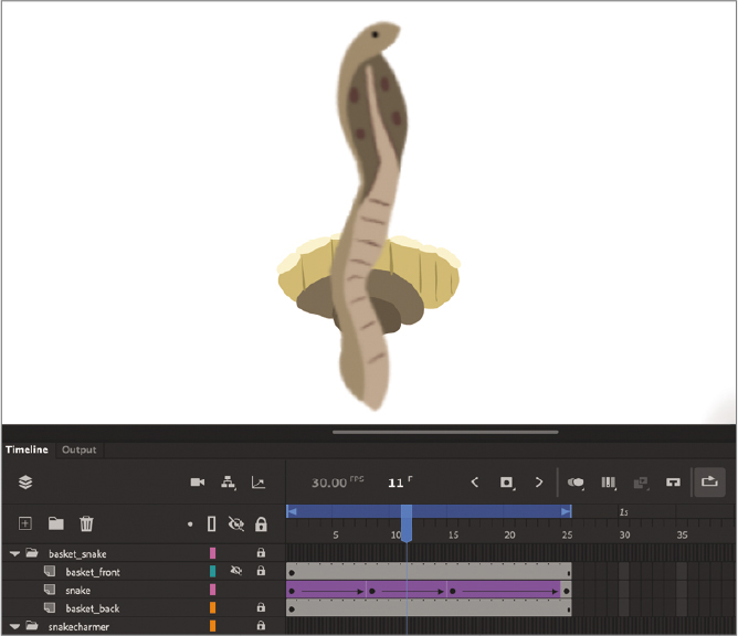 A screenshot shows the preview of animation of the snake and the timeline panel.
