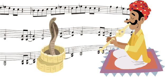 A screenshot shows the preview of animation of the snakecharmer sitting on a mat in front of the snake in a basket and playing his flute. The snake dances to the musical notation of the flute.