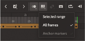 A screenshot shows the options of the Onion Skin button: Selected range, All frames, and Anchor markers. All frames option is selected.