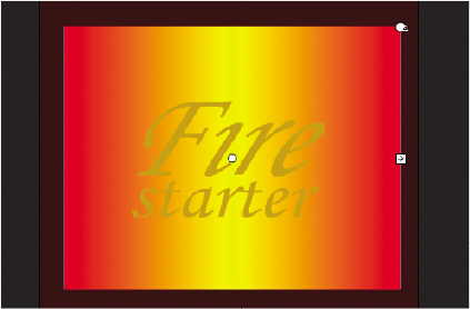 A screenshot of the Stage shows a rectangle with the text, fire starter. The rectangle with the text, fire starter shows red on the far left, yellow in the middle, and red on the far right. The control handles of the Gradient Transform tool appear on the fill of the rectangle.