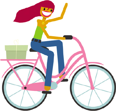 An animation of a woman riding a bicycle is shown. Her hair blows in the wind. She waves with one hand and holds the handlebar with the other hand.