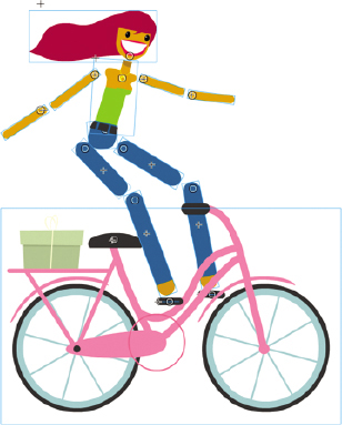 An animation of a woman on a bicycle is shown. The joints between each piece of the animation are separated by spaces and are highlighted. Such that there is a space between the head and the neck, between the hands and the shoulder, between the upper body and the limbs, between the limbs and the bicycle.