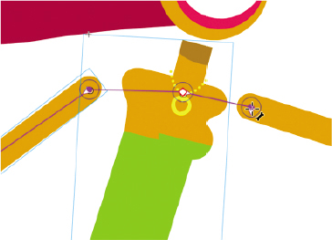 The upper body of the animated woman is shown. A straight line representing a bone connects the middle of the woman's chest to her right upper arm. Another straight line connects the middle point of her chest to the other upper arm. The base point of the line (starting point) has a square shape and the other end has a circle.