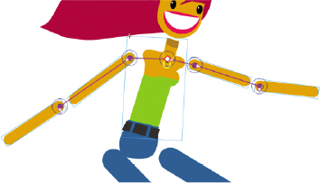 The animated woman is shown. A bone connects the middle of the woman's chest to her right upper arm. Another bone connects the right upper arm to the right elbow. Similarly, on the other side, a bone connects the middle of the chest to the left upper arm and another bone connects the left upper arm to the left elbow.