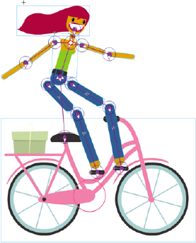 The animated woman on a bicycle is shown. All the parts of the animation are connected via bones. A bone connects her pelvis to the seat of the bicycle and another bone connects the middle point of her chest to the head.