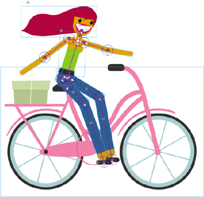 The animated woman riding a bicycle is shown. All the separated joints in her body parts are attached. Both feet are placed on one of the pedals present at the front side of the bicycle and she is seated on the bicycle seat. Her hands are stretched. The armature of the woman remains visible.
