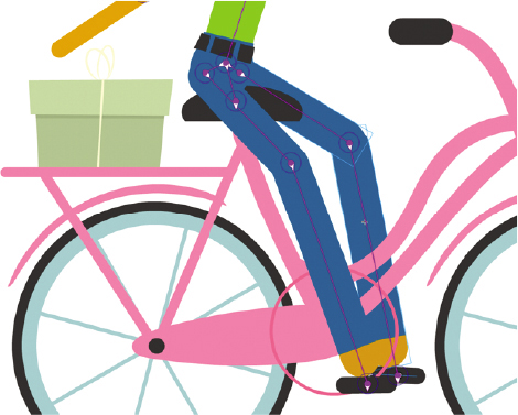 The lower body of the animated woman is shown. Her feet are placed on the two pedals of the bicycle. Such that one of her legs is present at the front side of the bicycle and the other behind the bicycle. The seat of the bicycle is present between her legs.