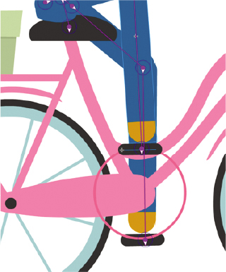 The animated woman pedaling the bicycle is shown. The bicycle has a circular part at the center and the pedals are present at either side of the circular part. Her feet are placed on the pedals. The front side pedal is present at the top of the circular part and the pedal at the other side is at the bottom.