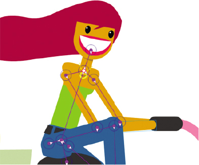 The animated woman holding the handlebars of the bicycle with her arms is shown.