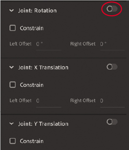 The enable option in the joint rotation section of the properties panel is shown.