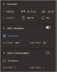 The constrain option in the joint rotation section of the properties panel is shown.