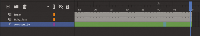 A screenshot of a Timeline panel includes three layers: bangs, Ruby_Face, and Armature_30 (selected). Playhead is at frame 100 for all layers.
