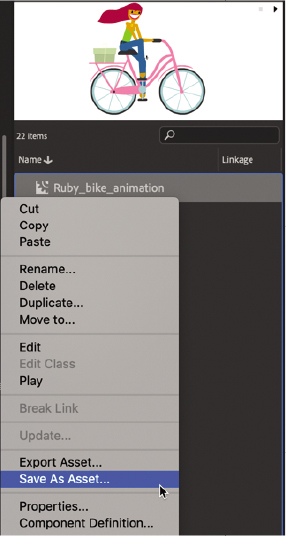 The library window shows the image of the animated woman riding a bicycle. Below the image, several options are listed, in which 'Save as asset' option is selected.