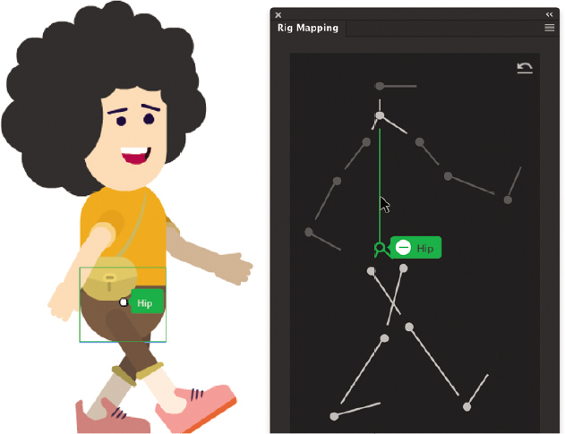 A clipart shows a boy in walking position and rig mapping panel beside it shows skeleton structure of boy.