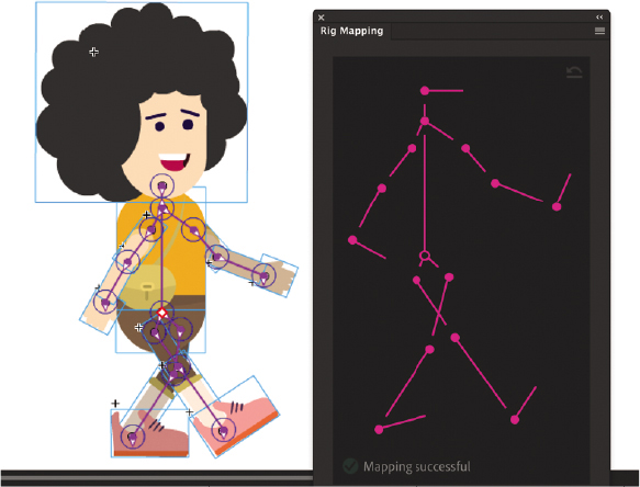 A clipart shows a boy in walking position and rig mapping panel beside it shows skeleton structure of boy in pink. In the clipart, joints and bones are visible.