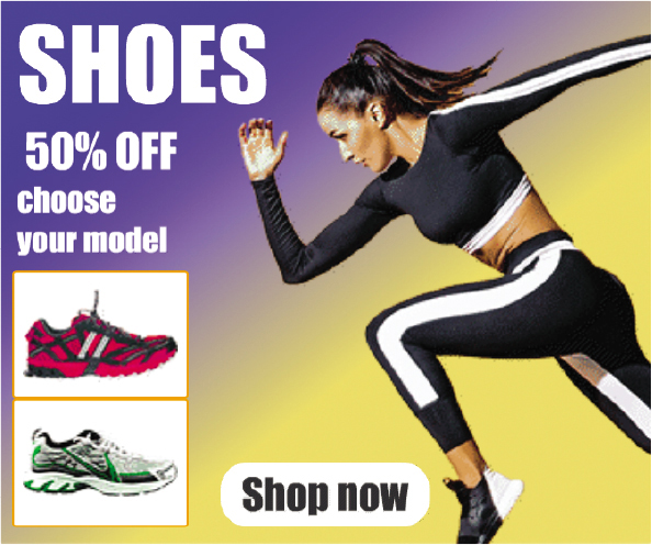 A square banner shows a woman in sportswear and sports shoes running. Text on the stage reads, Shoes 50 percent off. Choose your model. Shop now button is at the bottom.