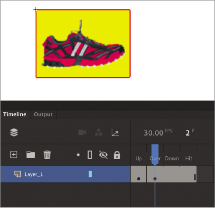 A screenshot of the Timeline panel depicts editing a button symbol.