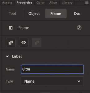 A screenshot of the Properties panel with the Frame tab selected.