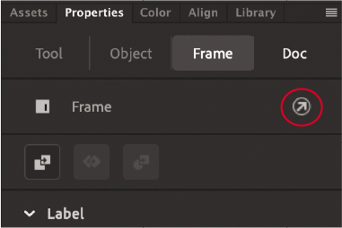 A screenshot of the Properties panel with the Frame tab selected. The Actionscript panel button at the top right of the panel is encircled.