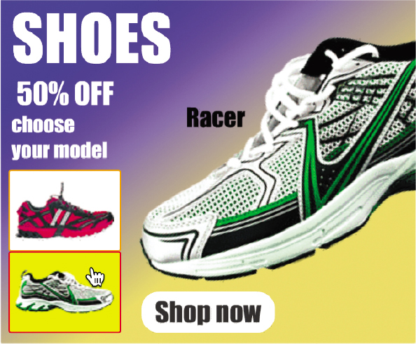 A banner shows a gradient background with the text, Shoes, 50 percent off, choose your model. Buttons for ultra shoe and racer shoe are provided at the bottom. An enlarged view of the Racer shoe is placed at an angle on the right. Text near the shoe reads, 2022 Racer. Show now button is at the bottom.