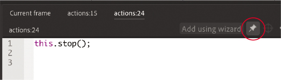 A screenshot of the Actions panel with the Pin Script button outlined.