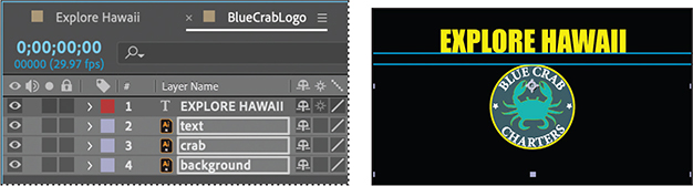 Two screenshots showing the Timeline panel and the Blue Crab logo in the Composition panel of the Adobe after effects window.