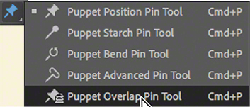 The tools panel shows the puppet overlap pin tool selected from the puppet position pin tool option.