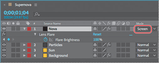 A screenshot of the Timeline panel shows the layers of a composition named, Supernova.