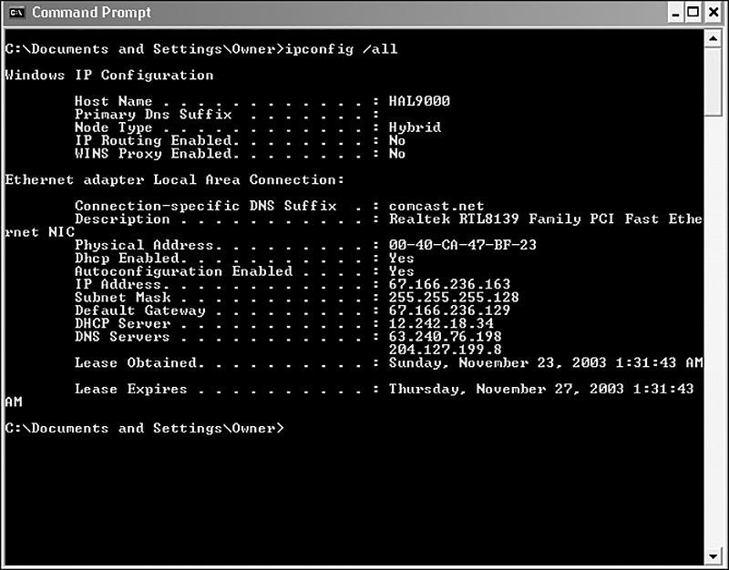 A command prompt window shows the options of ipconfig/all command.