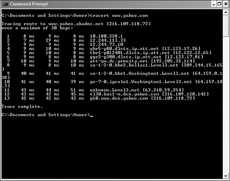 Several options of the command tracert are shown in a command prompt window. The tracing route of www.yahoo.akadns.net displays the details of the destination of the packet, time taken to travel, and also all the intermediate hops it traveled.