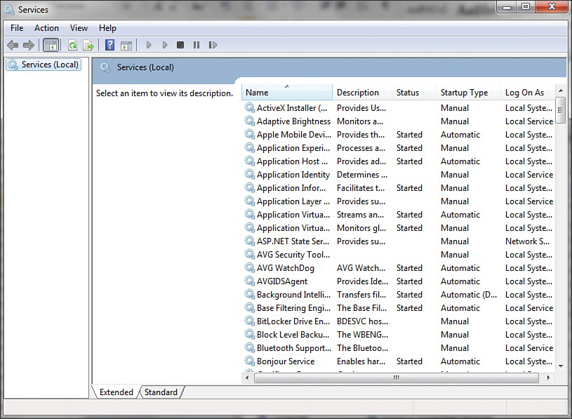 The dialog box of services is shown with two panes. From the left pane, the services are selected. The details about the selected item are displayed in the right pane. It shows a list of the name, description, status, status type, and log on as.