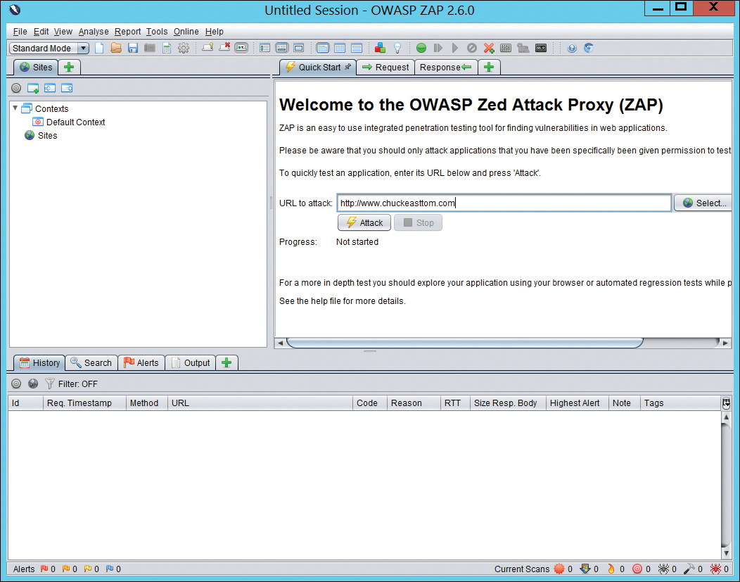 A screenshot depicts the main screen of the Open Web Application Security Project (OWASP). In the content pane, a textbox for entering the URL to attack is present.