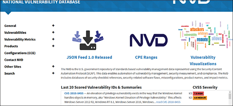 A screenshot of the National vulnerability database (N V D) page includes General, vulnerabilities, vulnerability metrics, products, configuration (C C E), Contact N V D, other sites and search.