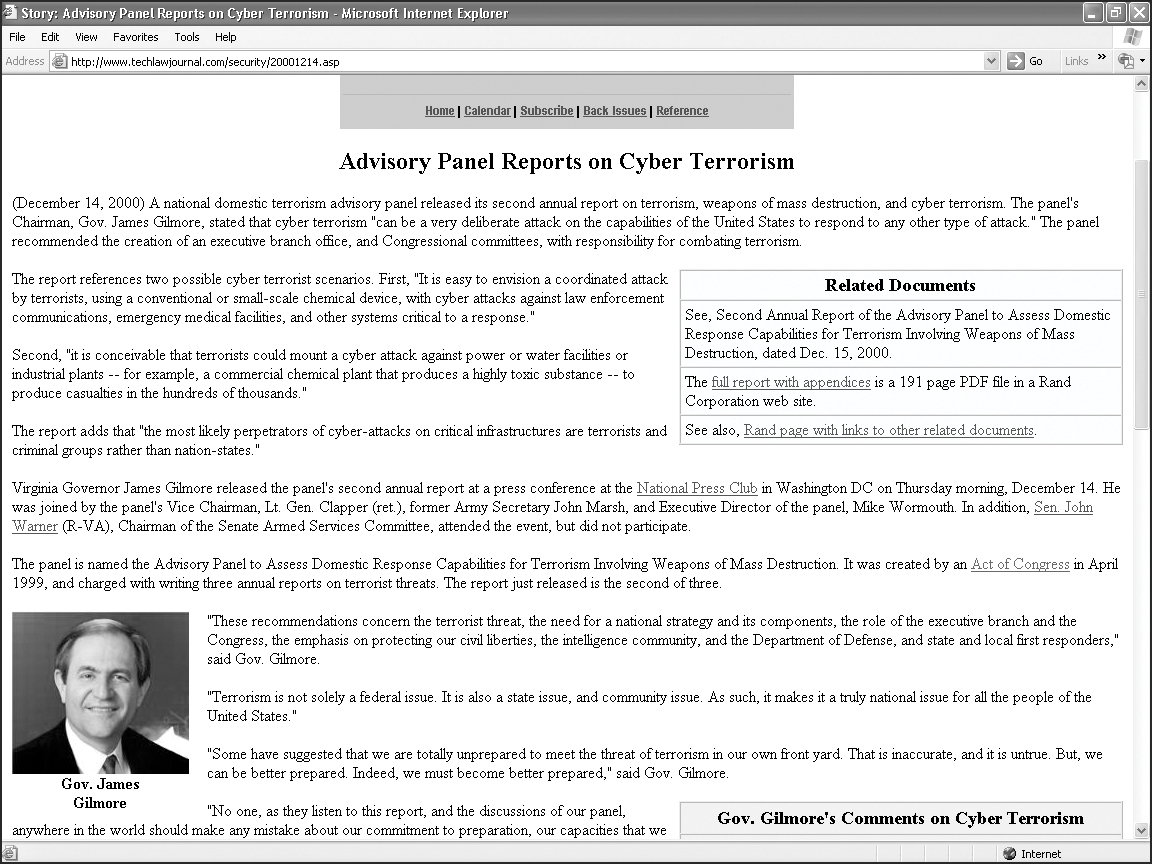 A screenshot depicts the advisory panel reports on cyber terrorism.