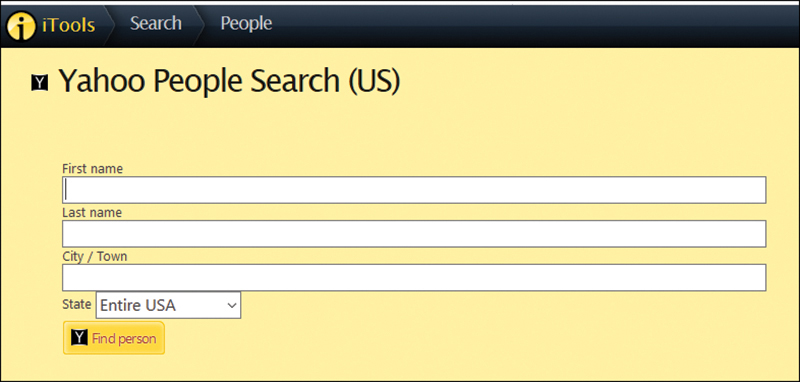 A screenshot depicts the Yahoo People Search option of Yahoo. It contains 3 text fields: First name, Last name, and City or town along with a drop-down for selecting the state.