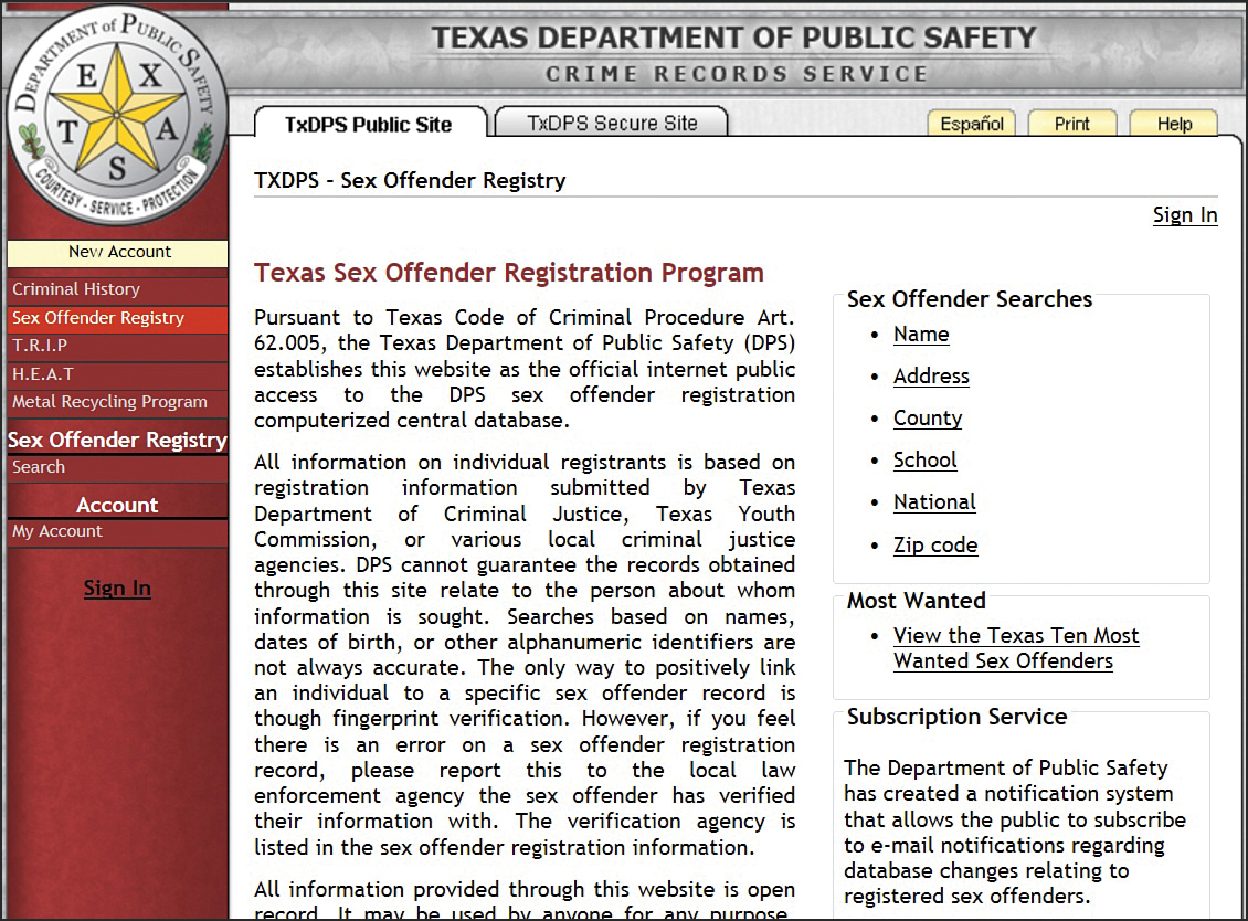 A screenshot shows the Texas sex offender search page, from the Texas Department of Public Safety, crime records service. The page shows content relating to Texas sex offender registration program.