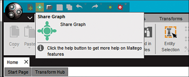 A screenshot shows the share graph option in maltego graph. Text below the option reads, 'Click the help button to get more help on Maltego features.'