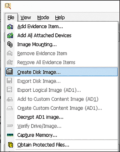 A screenshot depicts the options available under the File tab of the Access Data FTK Imager application wherein the Create disk image option is selected.