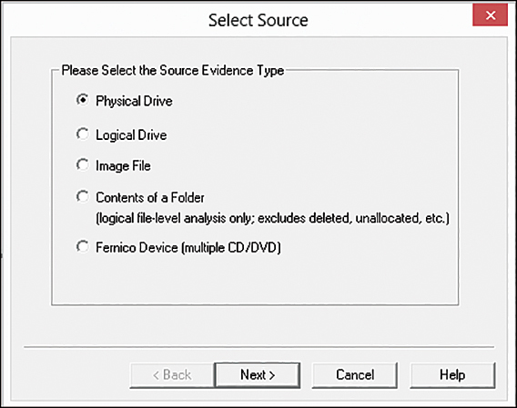 A screenshot depicts the select source dialog box of the FTK Imager application. It displays the options as radio buttons. The options displayed are physical drive, logical drive, Image file, Contents of a folder, and Fernico Device.