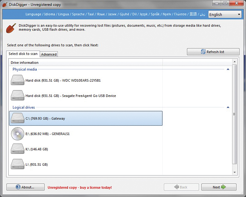 A screenshot displays the list of drives available to scan under the select disk to scan tab of the DiskDigger tool.