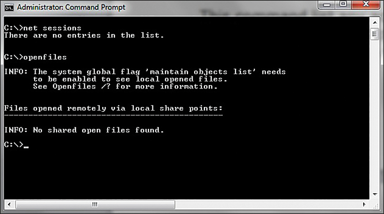 A screenshot of the command prompt shows the result as No shared open files found for the entered command openfiles.