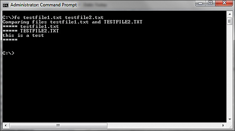 A screenshot of the command prompt shows the result as This is a test for a command entered to test two files. The command entered is fc testfile1.txt testfile.txt.