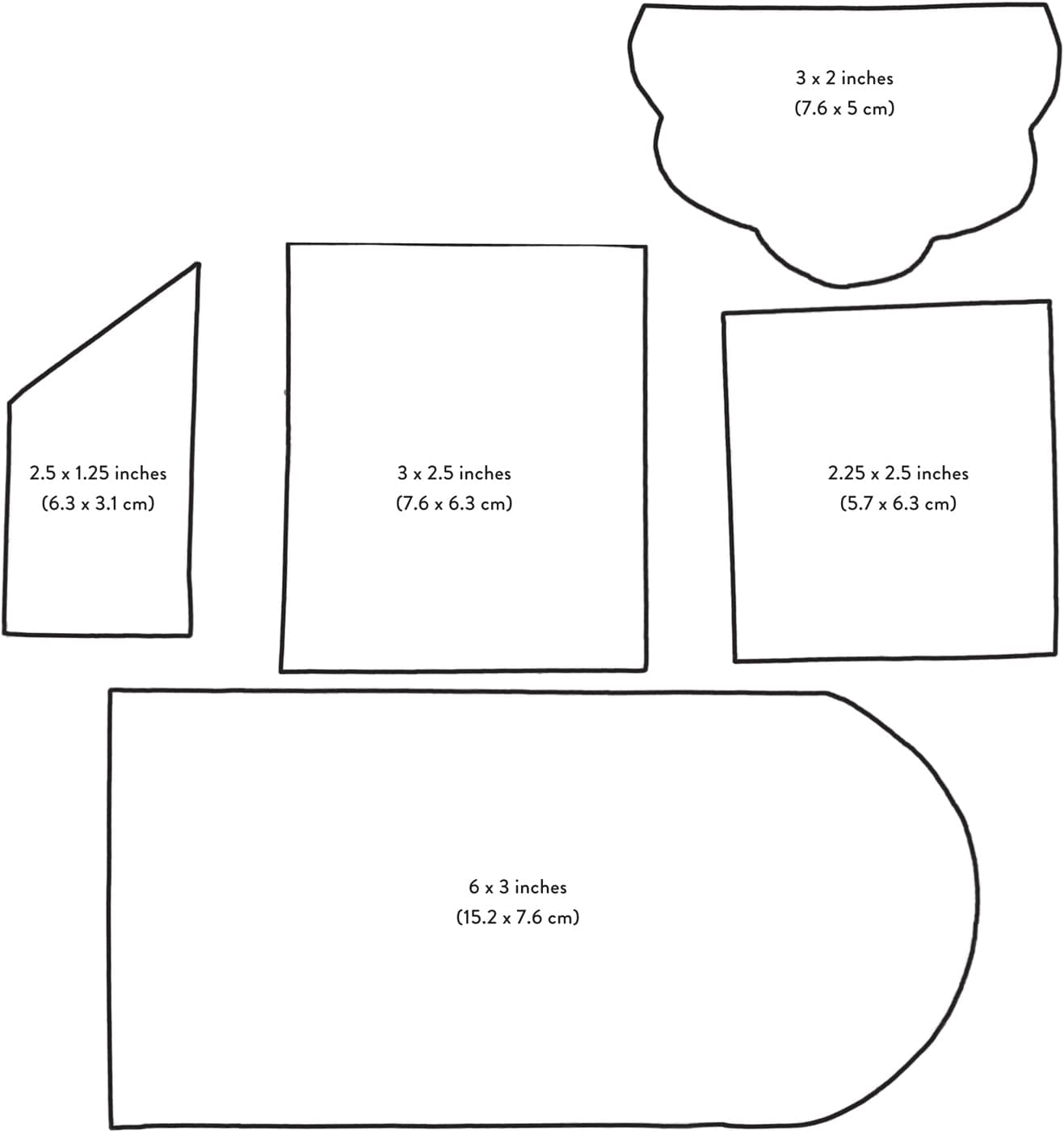 3 x 2 inches (7.6 x 5 cm) 2.5 x 1.25 inches (6.3 x 3.1 cm) 3 x 2.5 inches (7.6 x 6.3 cm) 2.25 x 2.5 inches (5.7 x 6.3 cm) 6 x 3 inches (15.2 x 7.6 cm) 