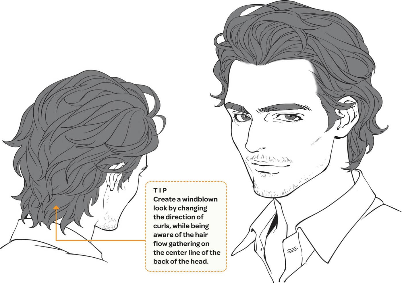 TIP Create a windblown look by changing the direction of curls, while being aware of the hair flow gathering on the center line of the back of the head.
