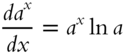 StartFraction italic d a Superscript x Baseline Over italic d x EndFraction equals a Superscript x Baseline ln a